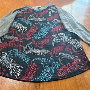 LuLaRoe Randy Raglan Tee Black Background with Red White & Blue Accent Eagles